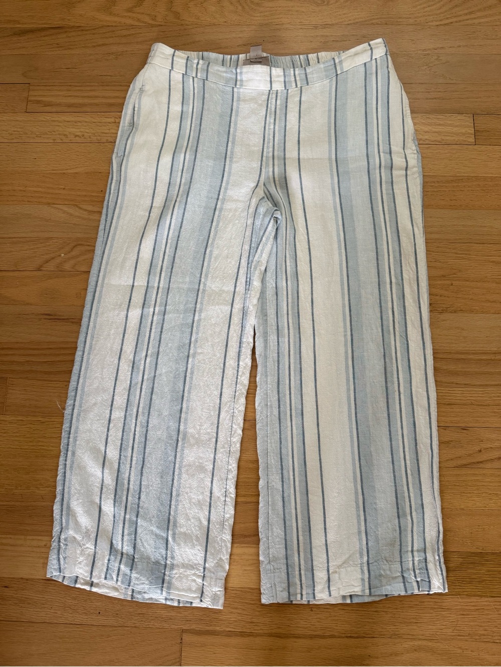 Chicos Size 1.5 (Medium) Blue & White Striped Coastal Linen Blend Wide Leg Pants